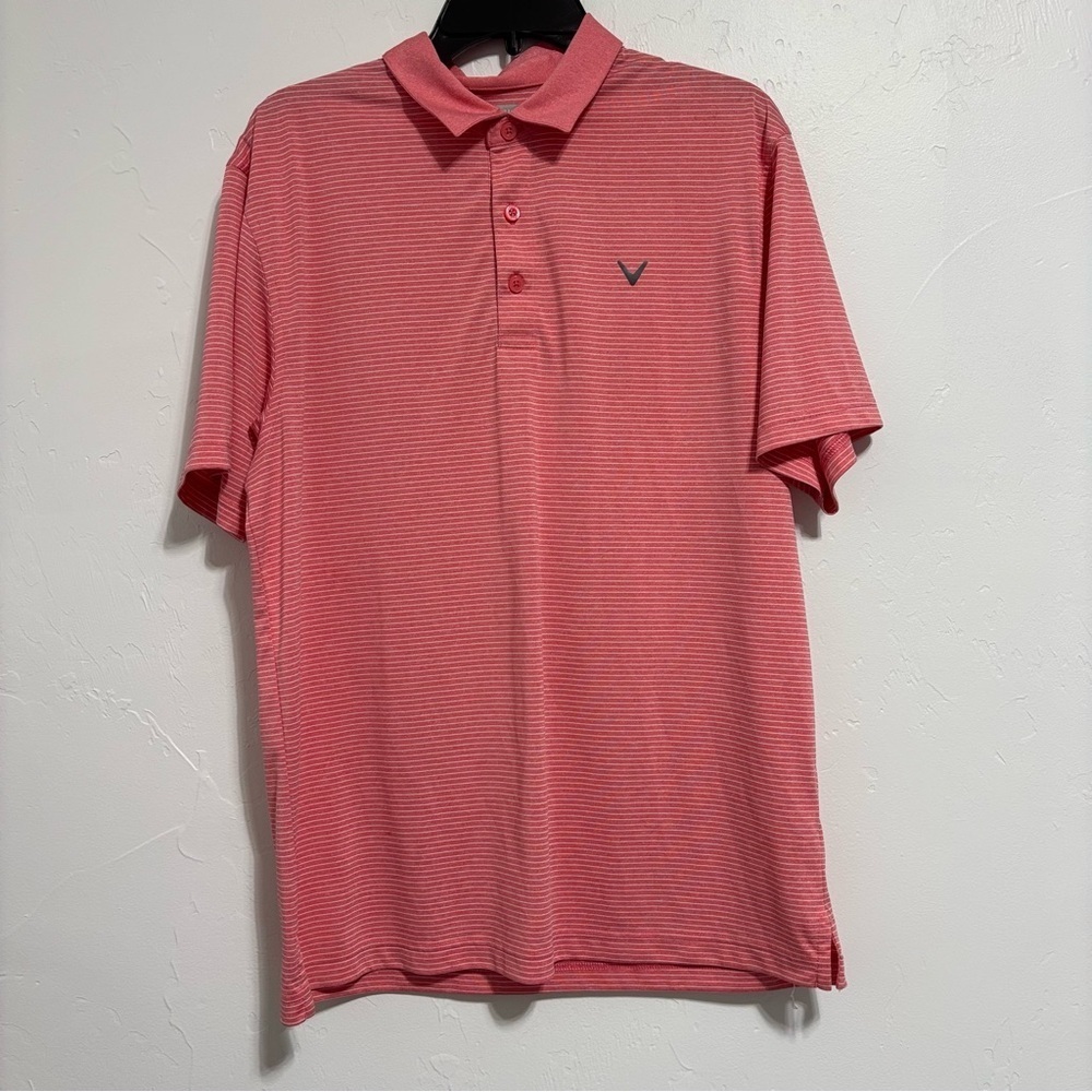 Callaway Opti Dri Men's Large Striped Salmon Short Sleeve Golf Polo Athletic